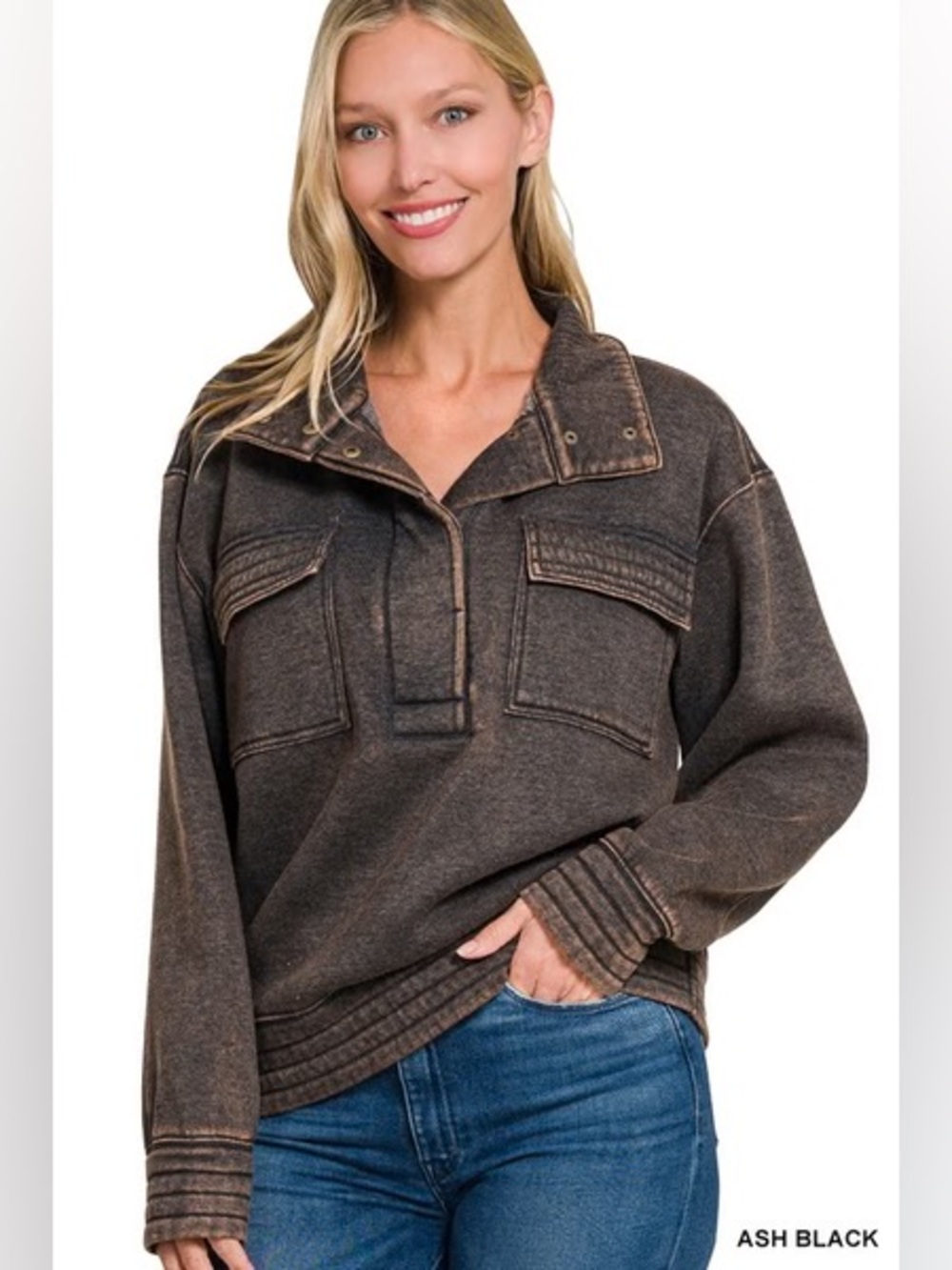 Zenana acid-washed half-snap fleece sweatshirt